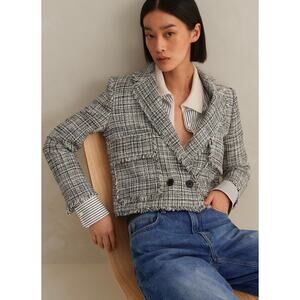 ME+EM Cotton Blend Fringe Trim Crop Jacket Tweed Gray Preppy Blazer 12 Boucle